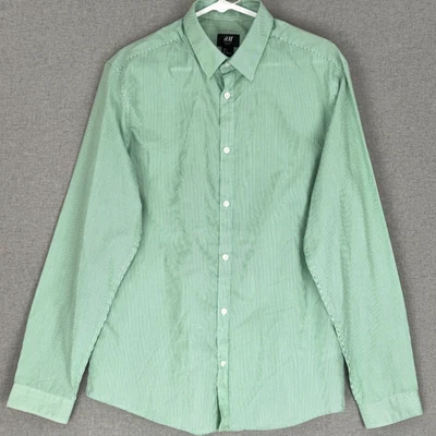 H&M Men's Large L Easy Iron Button-Up Shirt - Green Striped Long Sleeve - Image 1 of 4