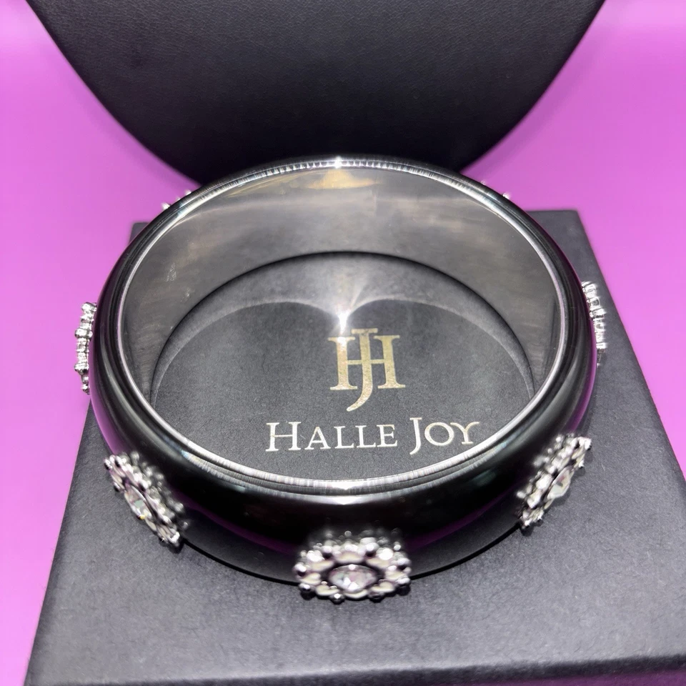 Halle Joy Acrylic Bangle Bracelet Black W/Enamel Hearts And Crystals! (0456) - Image 1 of 4