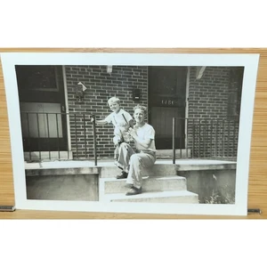 3 Vintage 1949 B&W Snapshots - Boy and Dad on Porch (1) Boy alone on porch (2) - Picture 1 of 4