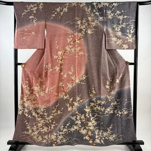 Woman Japanese Kimono Houmongi Silk Cherry Blossoms Grass Gold Foil Pink 160cm - Picture 1 of 7