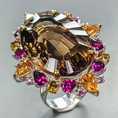 Anillo de piedras preciosas 42ct anillo de cuarzo ahumado natural plata de ley 925 talla 8/R445948 Foto 1 de 4