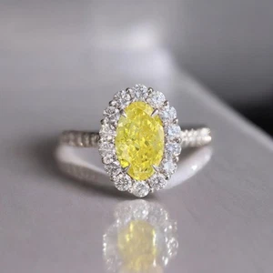 950 Platinum Diamond Ring 2.20 Carat Fancy Intense Yellow Oval IGI Lab Grown - Picture 1 of 10