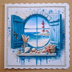 3D-Grusskarte °Blick aus dem Fenster Leuchtturm° Geburtstag Maritim Handarbeit - Bild 1 von 1