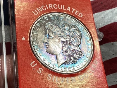 American Savings & Loan ~ Dólar de plata Morgan 1886 P ~ BU con tono colorido Foto 1 de 4