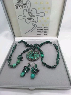 Set Halskette Ohrringe Technik soutache Kunsthandwerk OVP Cheng Collection Grün  - Bild 1 von 4