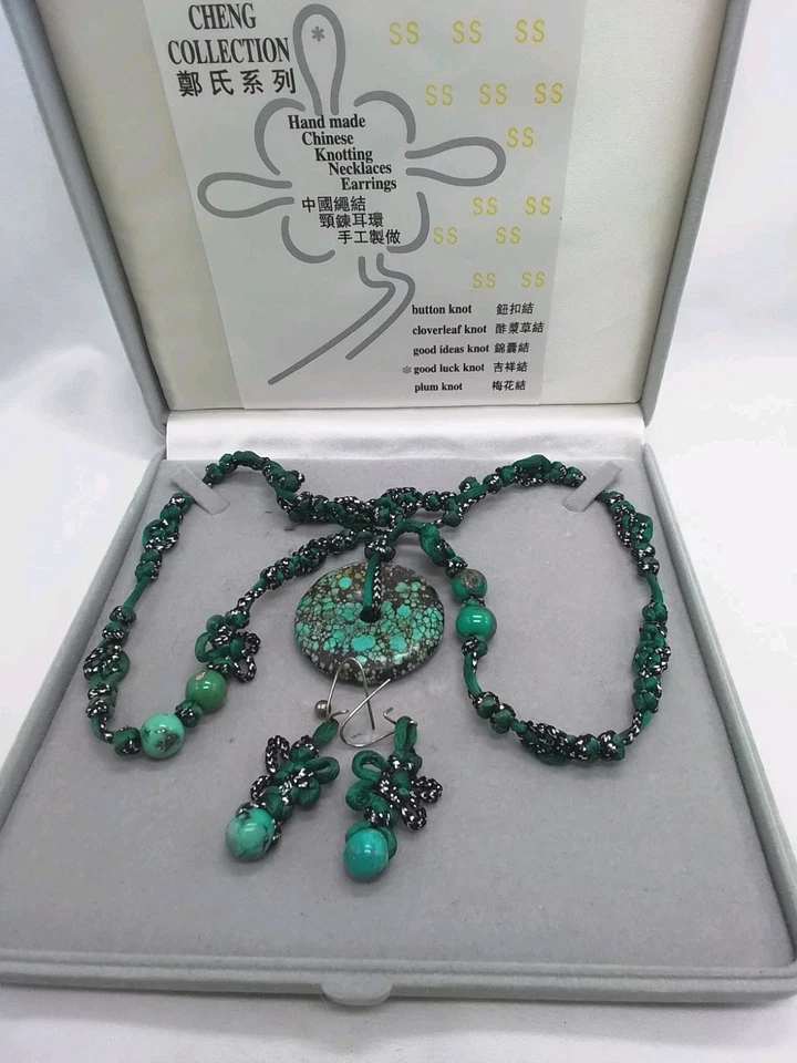 Set Halskette Ohrringe Technik soutache Kunsthandwerk OVP Cheng Collection Grün  - Bild 1 von 4