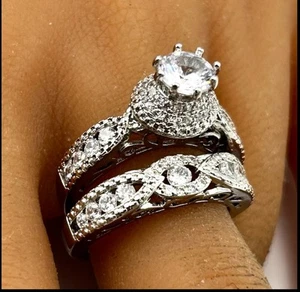 Sterling Silver 925 Engagement Wedding Ring Set CZ Filigree Women's Sz 10 - Picture 1 of 14