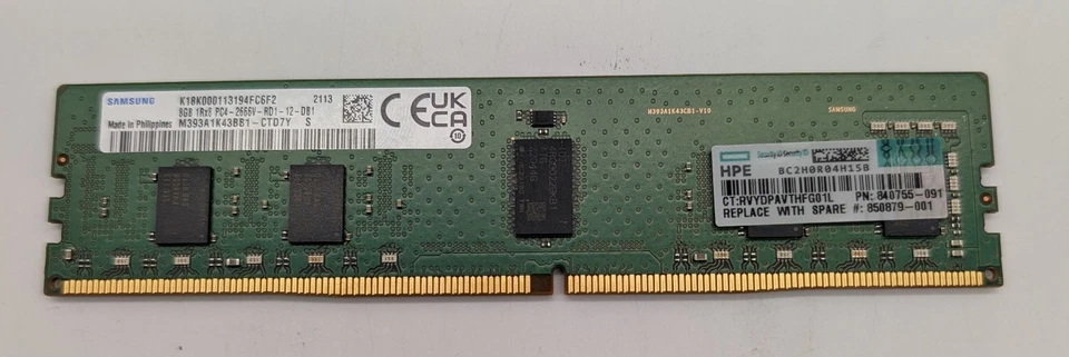850879-001 - HP 8GB PC4-21300 DDR4-2666Mhz 1Rx8 1.2v ECC Registered SAMSUNG RAM - Image 1 of 1