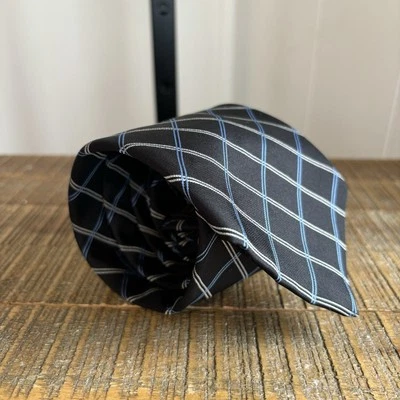 Brooks Brothers Silk USA Black Blue Diagonal Check Tie Mens 59” Long 4” Wide Foto 1 de 4