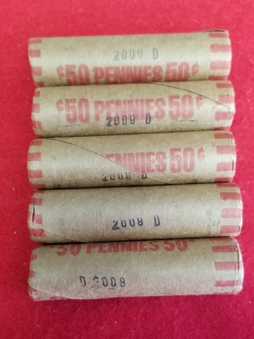 2008-D Lincoln Memorial Cent Roll - 5 ROLLS  ~BU~ *UNCIRCULATED CONDITION* OBW Cover