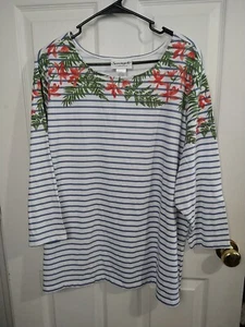 Serengeti Woman's 3X Tee 3/4 Sleeve Striped Floral Pullover - Picture 1 of 8