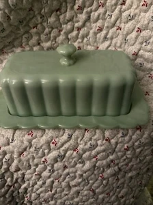 Pioneer Woman Jadeite Butter Dish Green Glass Scalloped Edge - Picture 1 of 6
