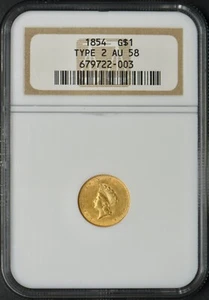 1854 Type 2 $1 Gold Liberty - NGC AU58 - Old Holder - ✪COINGIANTS✪ - Picture 1 of 2