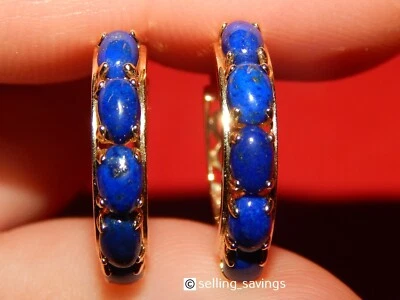14K YELLOW GOLD 2.50 TCW CABOCHON LAPIS LEVERBACK  HOOP EARRINGS  21MM DIAMETER - Image 1 of 4