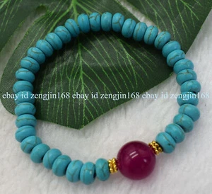 Natural 5x8mm Blue Turquoise & 14mm Rose Red Jade Gemstone Elastic Bracelet 7.5" - Picture 1 of 12