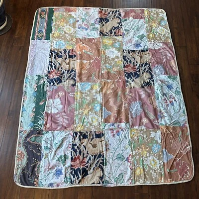 Vintage Handmade Throw Quilt - Cotton Bright Multi Color Floral Patch Work Heavy - Image 1 of 4