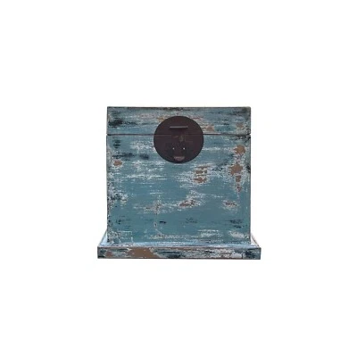 Distressed Pastel Light Blue Square Moon Face Wood Trunk Box ws4498 - Image 1 of 4