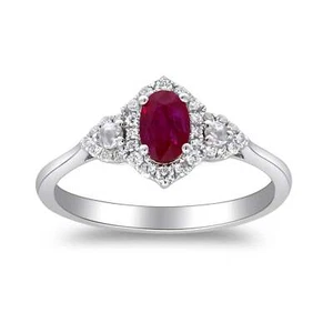 0.74 Ct Ruby & Natural Diamond Engagement Prong Ring 14k Solid White Gold - Picture 1 of 4