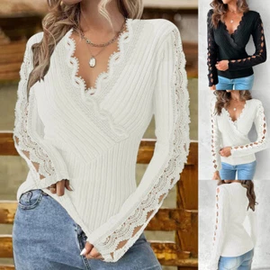 Womens V Neck Long Sleeve Winter Lace Slim Fit Tops Ladies Solid Pullover Blouse - Picture 1 of 20