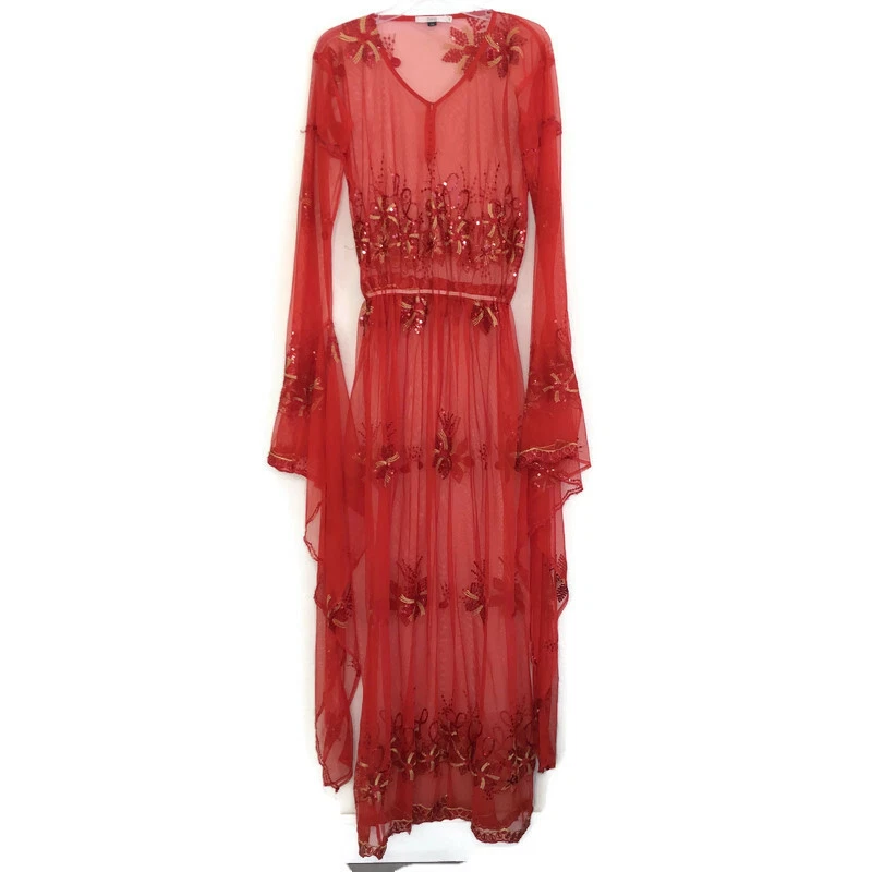 RED Valentino Red Sheer Mesh Sequin Maxi Dress Long Bell Angel Sleeve 42 - 12 AI - Image 1 of 4