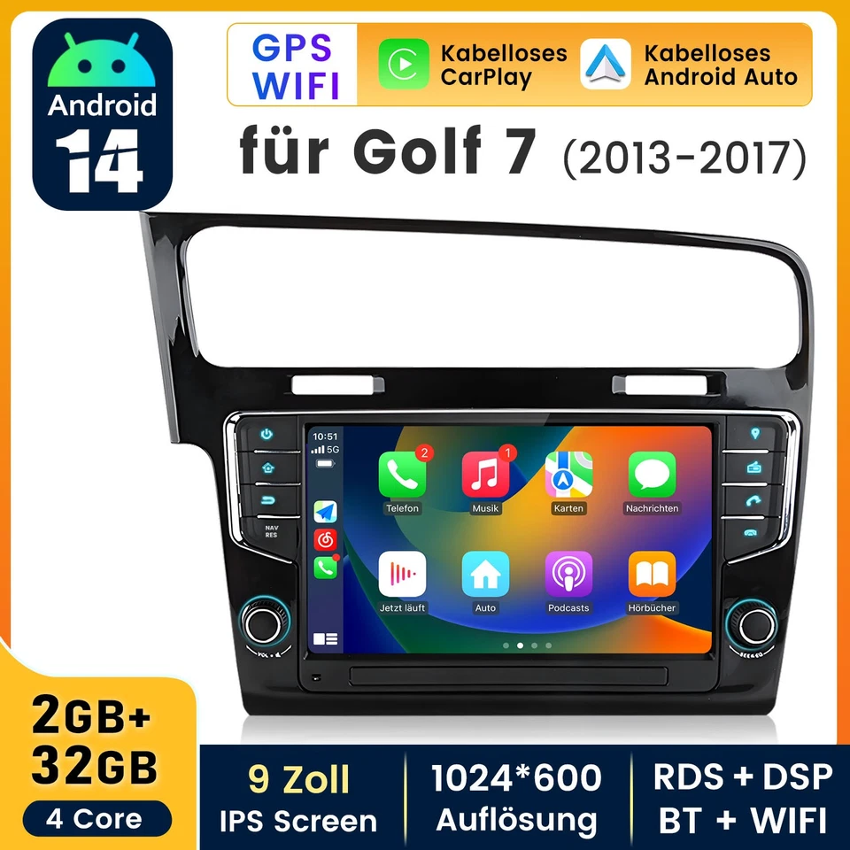 Android 14 Für VW Golf 7 MK7 VII 2012-2018 Autoradio DAB+ Carplay GPS Navi DSP - Bild 1 von 4