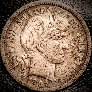 1907 S Barber Dime - Choice VF, Splotchy Toning - 90% Silver 10C - Picture 1 of 2