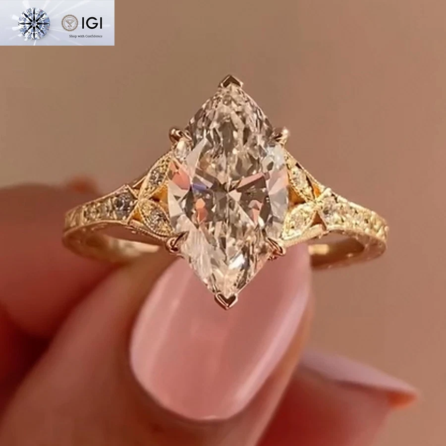 Anillo de compromiso de diamantes cultivados en laboratorio marquesa IGI E VVS2 2,50 quilates en oro amarillo de 14 k Foto 1 de 4