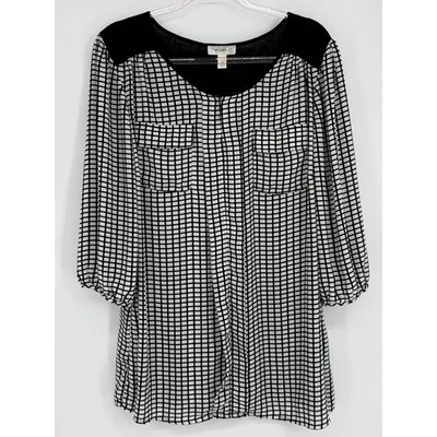 Vestido túnica negro blanco estampado de cuadrícula manga granero mujer talla grande 2X Foto 1 de 4