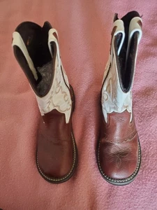 Old West  Kids Youth Cowboy Boots Brown Leather White Tops Size 3D - Picture 1 of 4