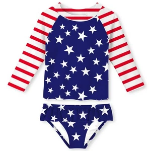Girls Two Pieces Rash Guard American Flag Swimsuit Set Long Sleeve Print Biki... - Picture 1 of 6