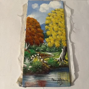 Paysage de rivière par Ramon Rosario - Peinture originale forêt d'automne 18x8 - Photo 1/10