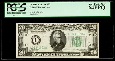 1934 A $20 Dollar Federal Reserve Note San Francisco PCGS 64 PPQ SL # L98341823A - Image 1 of 2
