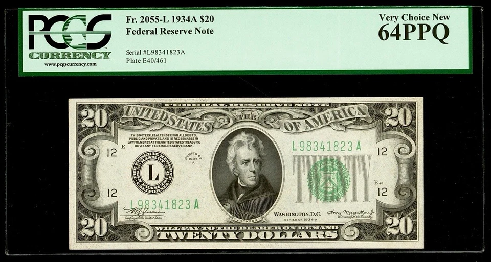 1934 A $20 Dollar Federal Reserve Note San Francisco PCGS 64 PPQ SL # L98341823A - Image 1 of 2