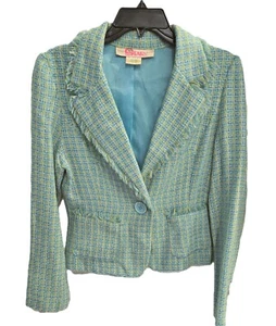 Star Jeans Tweed Blazer Women's Medium Blue Green W/Fringe Trim & Pockets - Picture 1 of 7