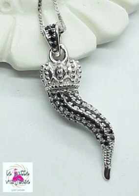 🌶Collana con Corno cornetto  Portafortuna  Argento 925  Zirconi Neri bombato🌶 - Immagine 1 di 4