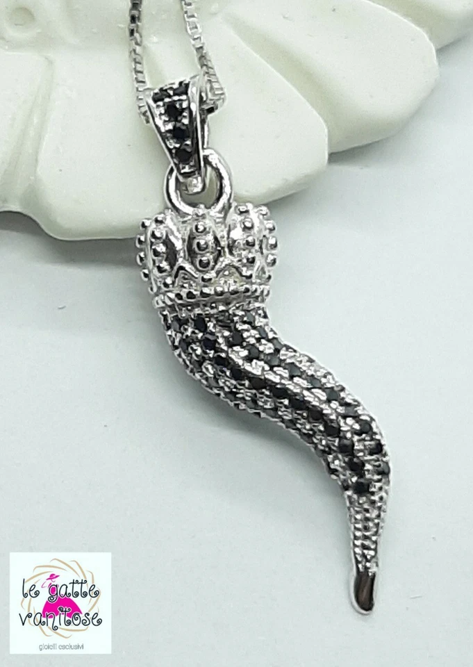 🌶Collana con Corno cornetto  Portafortuna  Argento 925  Zirconi Neri bombato🌶 - Immagine 1 di 4