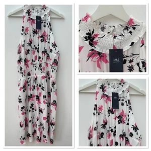 NUEVO M&S Talla 16 R Vestido Estampado Floral Cintura Marfil Rosa Negro Cuello Acanalado Verano - Imagen 1 de 9