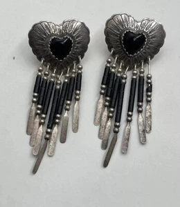 Native American Heart Shaped Onyx QT Sterling QUAC (New Mexico) Dangle Earrings - Picture 1 of 14