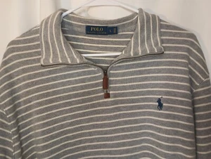 Polo Ralph Lauren Mens Half Zip Pullover Sweater Large Gray Stripe Leather Pull - Picture 1 of 12
