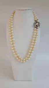Double Strand 7.0 Akoya Pearls Necklace W/ 14K White Gold Old Mine Diamond Clasp - Picture 1 of 9
