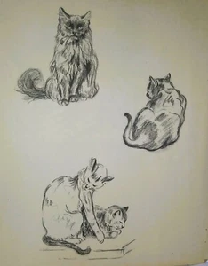 Gladys Emerson Cook Black & white Study of 3 Cats, Print, Lithograph, 1930's - Picture 1 of 4