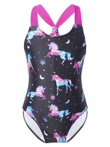 Child Girls Horse Printing Rashguard Swimsuit Backless Surfing Beach Swimwear - Picture 1 of 90