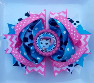 Sheriff Callie Wild West Pink Blue Black White Cow Spots Bottle Cap Hair Bow 5" - Picture 1 of 1