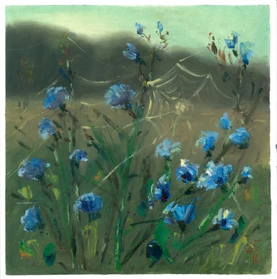 bleuets en fleur, tableau original 30 x 30 cm oeuvre peinture huile - Photo 1/2