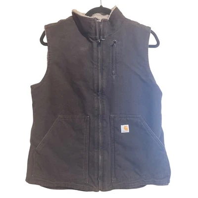 Chaleco CARHARTT W Mediano Calce Relajado Pato Forrado Sherpa WV001 Marrón Y2K Cremallera Completa Foto 1 de 4