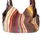 Relic Multicolor Brown Beige Striped Canvas Shoulder Bag Handbag Charm Heart