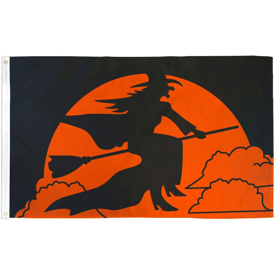 BANDERA DE POLIETILENO HALLOWEEN BRUJA LUNA NARANJA 3'X5' Foto 1 de 1
