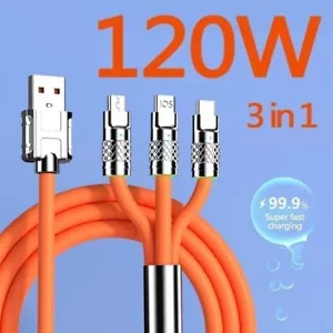 3-in-1 Cable 1.2 m 120W Fast Charging Data Cable Micro USB C 8PIN for iPhone - Picture 1 of 9
