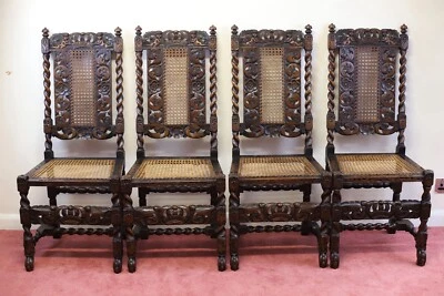 Precioso conjunto de cuatro sillas de comedor de roble estilo caroleano victoriano  Foto 1 de 4