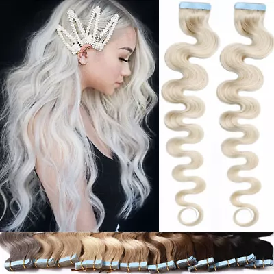 Wavy 100% Real Thick Tape In Human Hair Extensions Full Head Skin Weft BLONDE US - Image 1 of 4